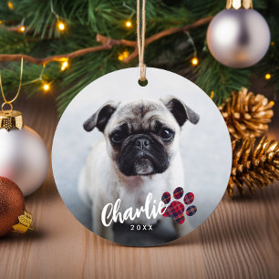 Ornamento De Cerâmica Pata de Xadrez Vermelho Simples Foto Pet Natal