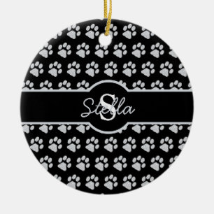 Ornamento De Cerâmica Pata Imprime Glitter Prata Monograma Cão Gato Mã