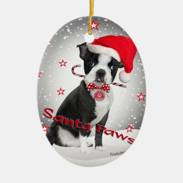 Ornamento De Cerâmica Patas do papai noel de Boston Terrier (Frente)