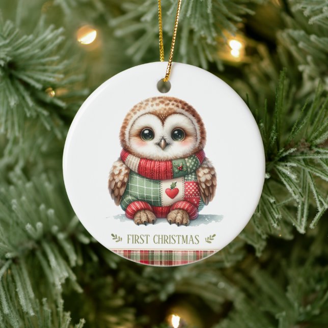 Ornamento De Cerâmica Patchwork Owl First Christmas Keepsake Photo (Árvore)
