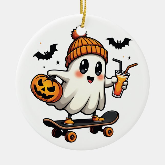 Ornamento De Cerâmica Patinação de Halloween Pumpkin Spice Ghost Fall (Frente)