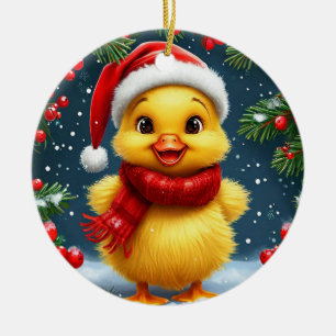 Ornamento De Cerâmica Patinho Amarelo Festivo com Chapéu de Papai Noel