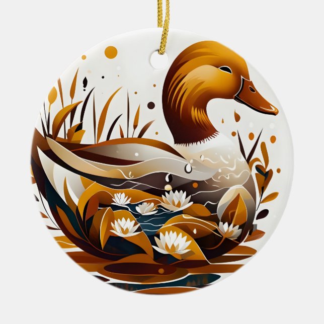 Ornamento De Cerâmica Pato Artsy com Pond em Silhouette (Frente)