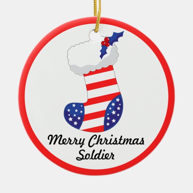 Ornamento De Cerâmica Patriotic Stocking - Soldado Feliz de Natal (Frente)