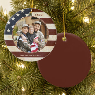 Ornamento De Cerâmica Patriotic Vintage American Flag Photo Name