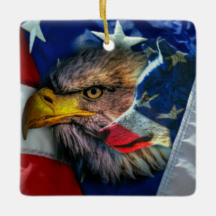 Ornamento De Cerâmica Patriótica Americana Flag Bald Eagle Wolf
