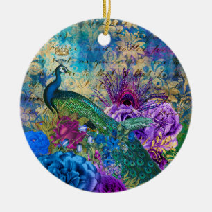 Ornamento De Cerâmica Pavão e Flores Ilustrados Antigos com Efeito Grung