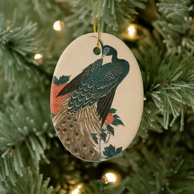 Ornamento De Cerâmica Pavão e Peônias de Hiroshige, Arte Japonês (Árvore)