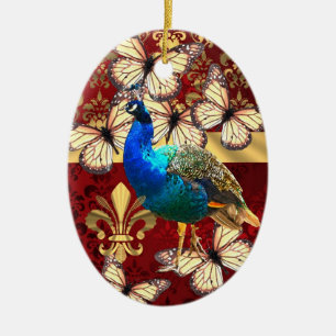Ornamento De Cerâmica Pavão elegante do vintage e damasco vermelho