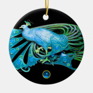Ornamento De Cerâmica PAVÃO ELEGANTE NA SAFIRA AZUL, cerceta, turquase