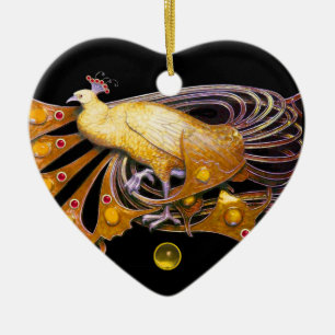ORNAMENTO DE CERÂMICA PAVÃO ELEGANTE NO CORAÇÃO AMARELO DO TOPÁZIO