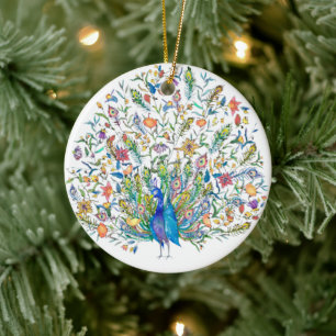 Ornamento De Cerâmica Pavão floral em aquarela