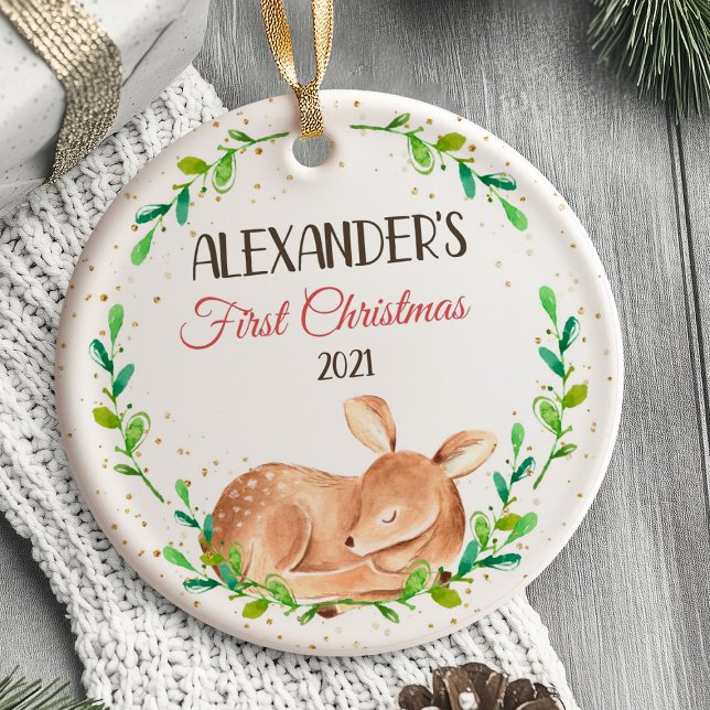 Ornamento De Cerâmica Pavimento de veados de ovelha de Natal (Baby's First Christmas Ornament Woodland animals)
