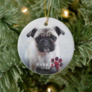Ornamento De Cerâmica Paw simples xadrez vermelho Natal Pet Foto