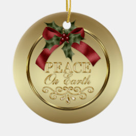 Ornamento De Cerâmica Paz de Ouro na Terra Fita Verde Vermelha Azevinho