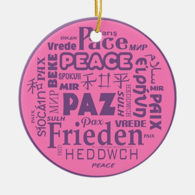 Ornamento De Cerâmica Paz multilíngue decoração de Natal rosa 2 (Frente)