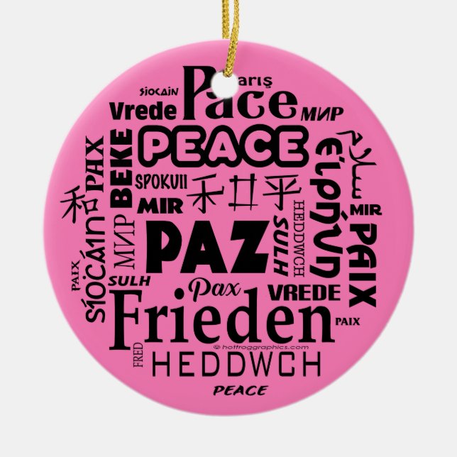 Ornamento De Cerâmica Paz multilíngue decoração de Natal rosa 3 (Frente)