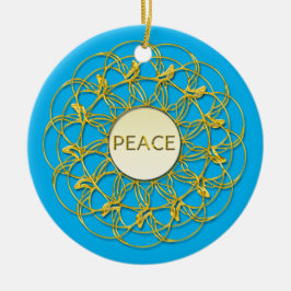 Ornamento De Cerâmica PEACE escrita sobre a herança ouro em azul céu