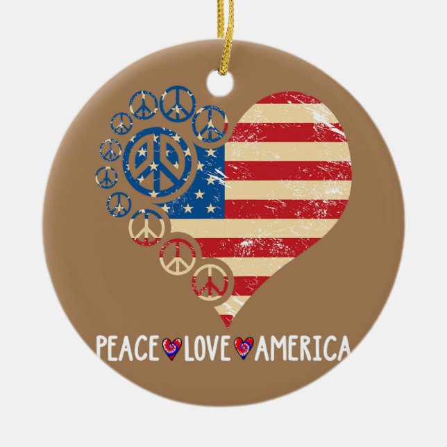 Ornamento De Cerâmica Peace Love America Heart Patriotic Usa Flag 4th (Frente)