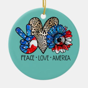 Ornamento De Cerâmica Peace Love America Lepard Sunflower 4 De Julho