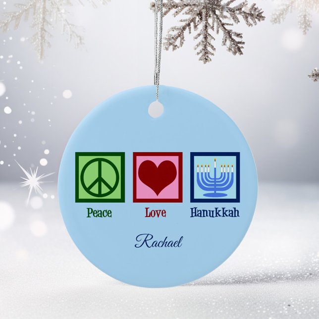 Ornamento De Cerâmica Peace Love Hanukkah Cute Blue Personalizado (Criador carregado)