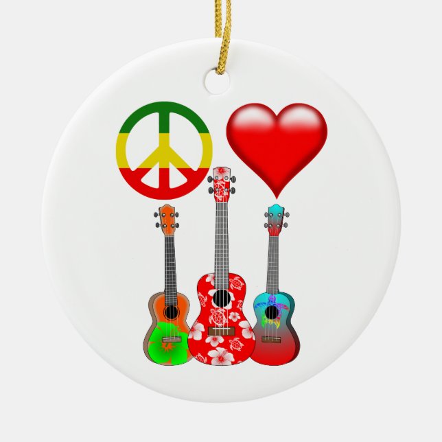 Ornamento De Cerâmica Peace Love Ukuleles (Frente)