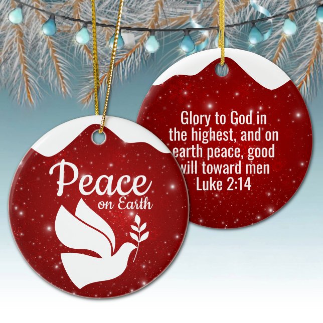 Ornamento De Cerâmica Peace On Earth white dove religious holiday 🕊🎄 (peace on earth white dove religious holiday christian season bible verse luke 2 14 festive design 🕊)