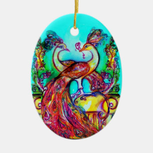 Ornamento De Cerâmica PEACOCKS EM AMOR/RUBY GEMSTONE VERMELHA, Turquesa