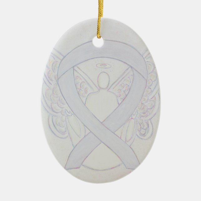 Ornamento De Cerâmica Pearl White Awarness Ribbon Angel Ornament (Frente)
