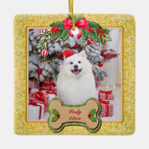 Ornamento De Cerâmica Pegadas e Moldura Dourada Foto de Pet Personalizad