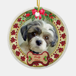 Ornamento De Cerâmica Pegadas e Moldura Dourada Foto de Pet Personalizad