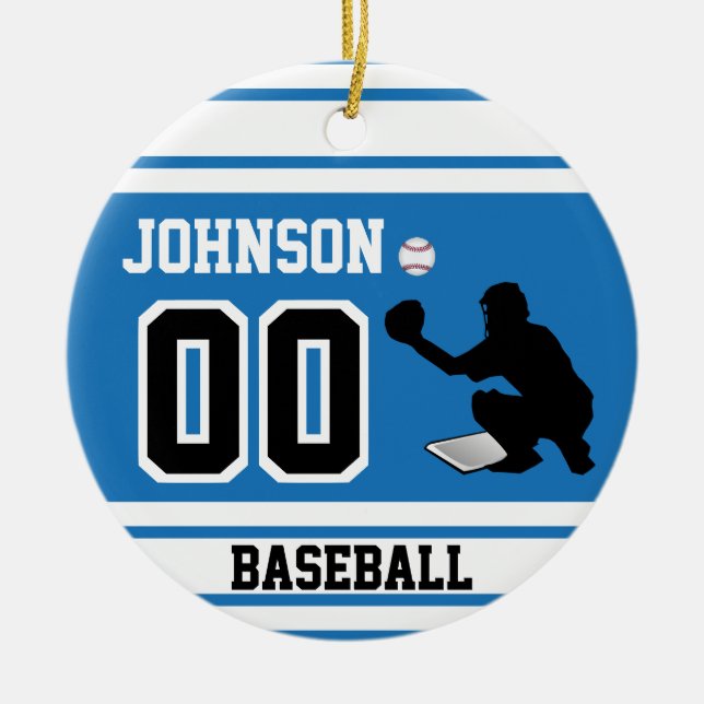 Ornamento De Cerâmica Pegador Personalizado de Baseball | Azul e branco (Frente)