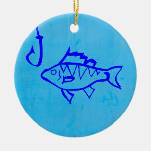 Ornamento De Cerâmica Peixe azul-Grunge e anzol de pesca