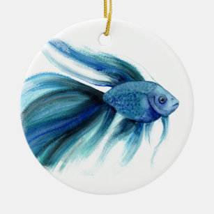 Ornamento De Cerâmica Peixe Betta Azul