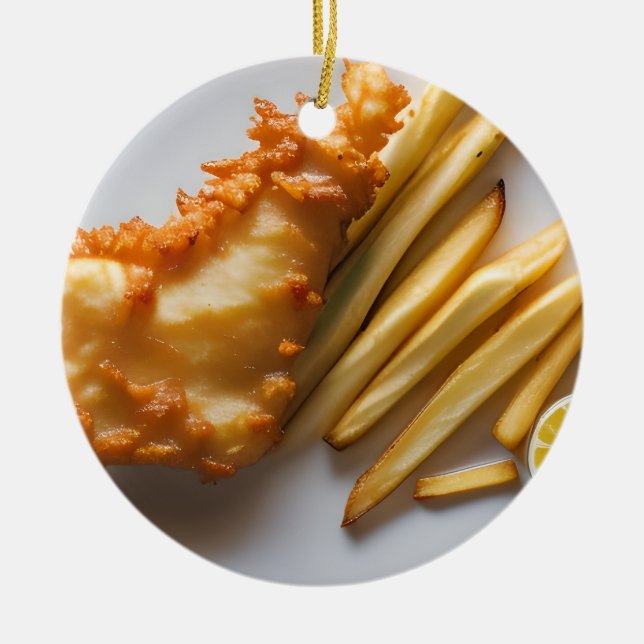 Ornamento De Cerâmica Peixe Engraçado Pun Natal | Peixes e Chips (Frente)
