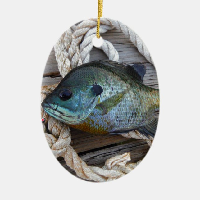 Ornamento De Cerâmica Peixes-Bluegill nas docas e cordas (Frente)