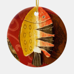 Ornamento De Cerâmica peixes chatos, amarelos e vermelhos, com listras p