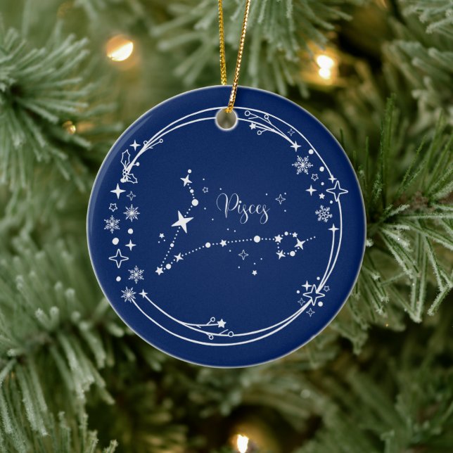 Ornamento De Cerâmica Peixes de nome personalizado Zodiac Blue Silver (Árvore)