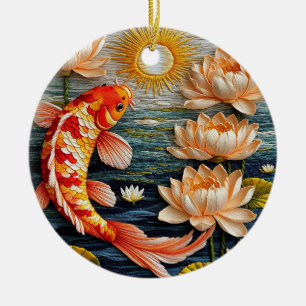 Ornamento De Cerâmica Peixes Koi Rodeados por Flores de Lótus