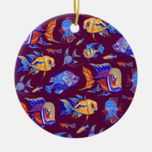 Ornamento De Cerâmica Peixes tropicais divertidos em roxo escuro