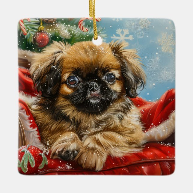 Ornamento De Cerâmica Pekingese Cachorro Natal Festivo (Frente)