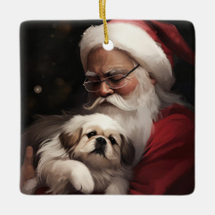 Ornamento De Cerâmica Pekingese com Papai Noel Natal Festivo