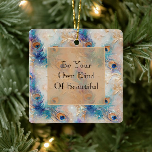 Ornamento De Cerâmica Penas Douradas de Peacock Branco Aqua (Árvore)