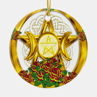 Ornamento De Cerâmica Pentáculo Wiccan Pagan Dourado com Rosas