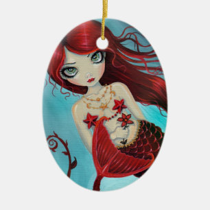 Ornamento De Cerâmica Pequena Fantasia de Sereia Vermelha Rubi Arte