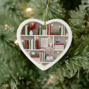 Ornamento De Cerâmica Pequenas Prateleiras de Livros Natal Vermelho & Ve