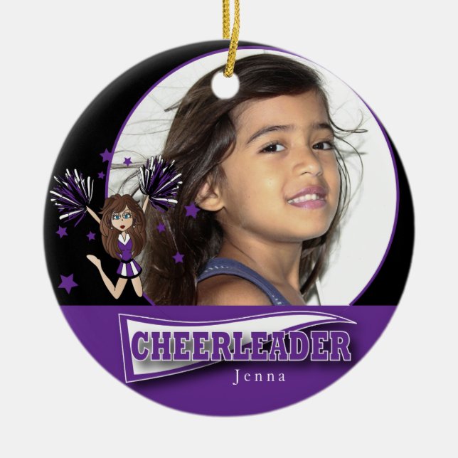Ornamento De Cerâmica Pequeno Cheerleader - Foto "DIY" - Roxo (Frente)