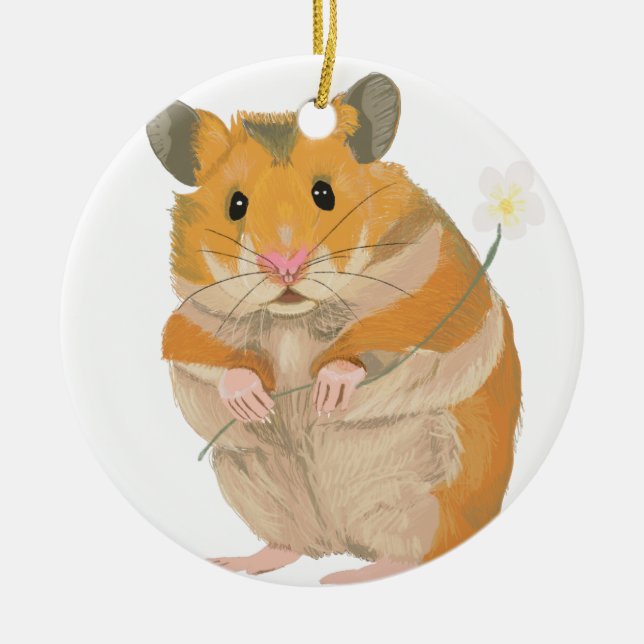 Ornamento De Cerâmica Pequeno Hamster bonito segurando uma flor (Frente)