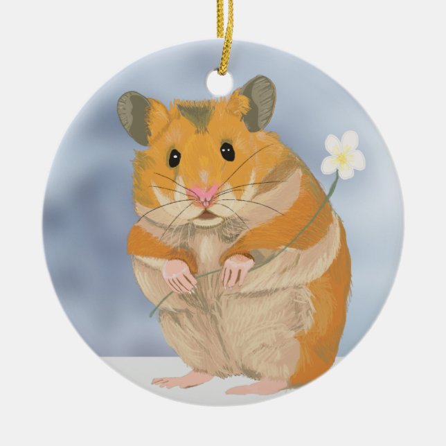 Ornamento De Cerâmica Pequeno Hamster bonito segurando uma flor (Frente)