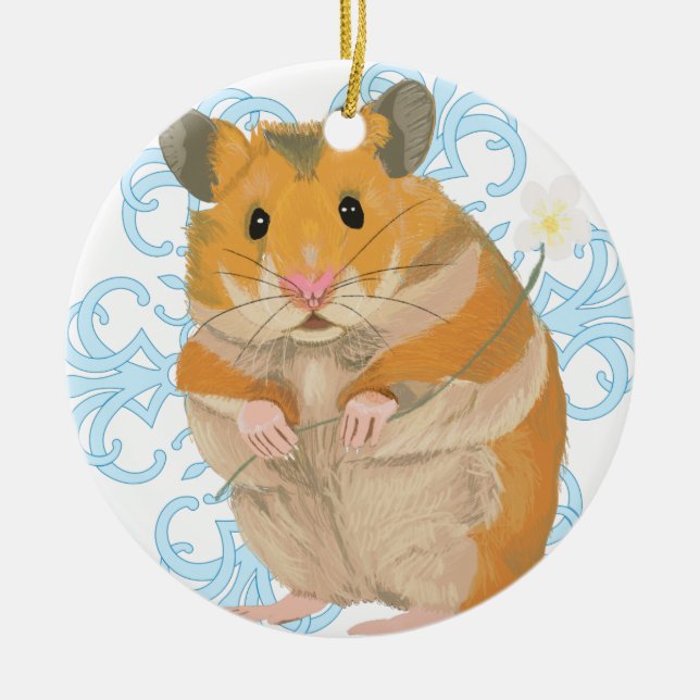 Ornamento De Cerâmica Pequeno Hamster bonito segurando uma flor e um flo (Frente)